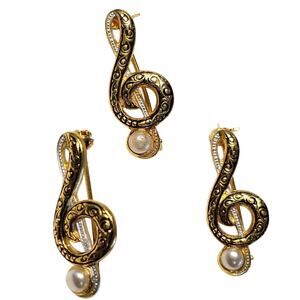 3 Vintage Treble Clef Scatter Pins Faux Pearl Music Note Gold Tone Brooch 1.14"